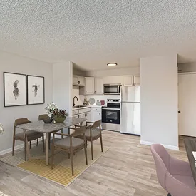 Kitchen and dining area at Riverbend Apartments